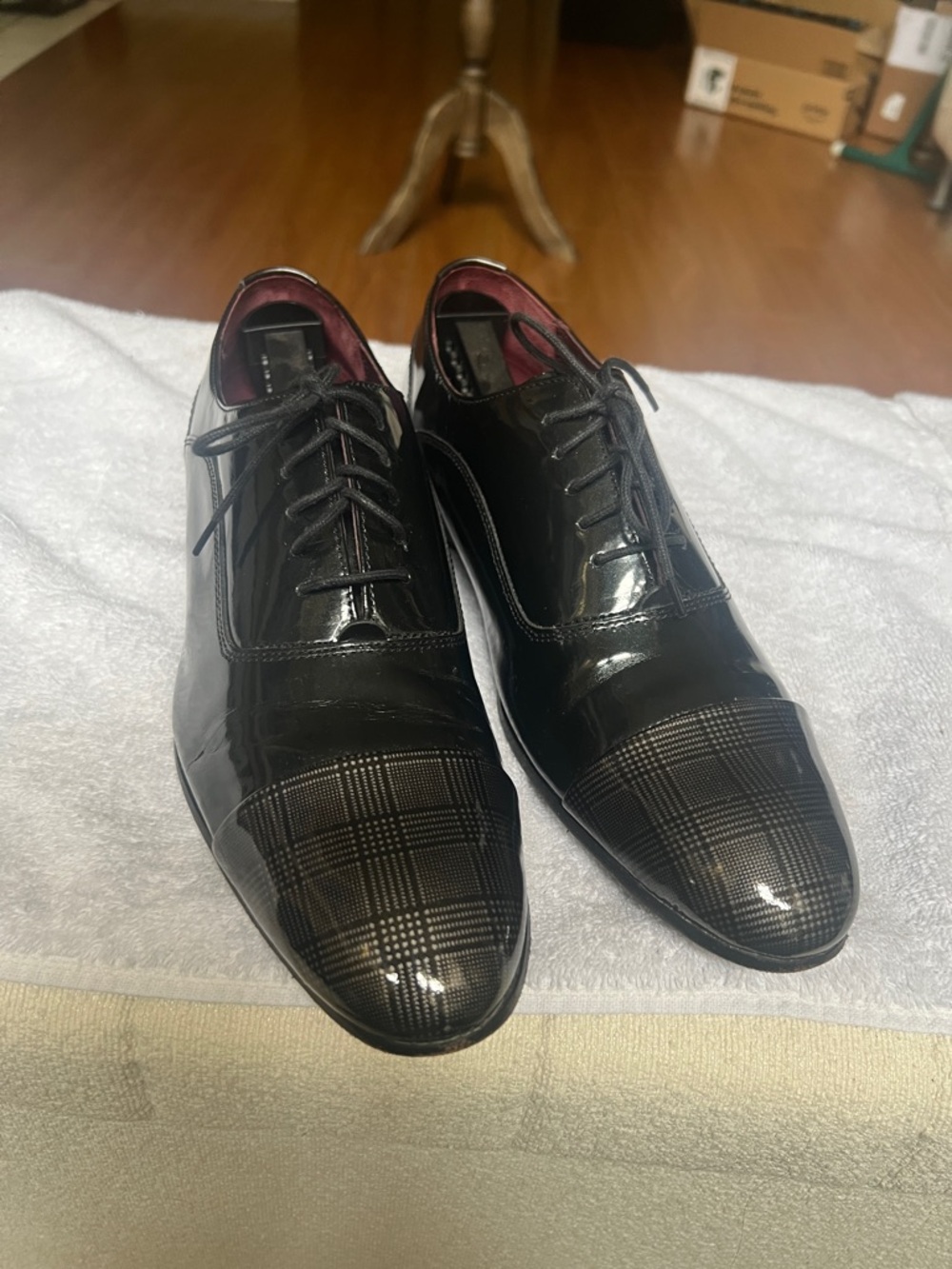 Ted Baker Black Patent Leather Oxfords with Plaid Cap Toe